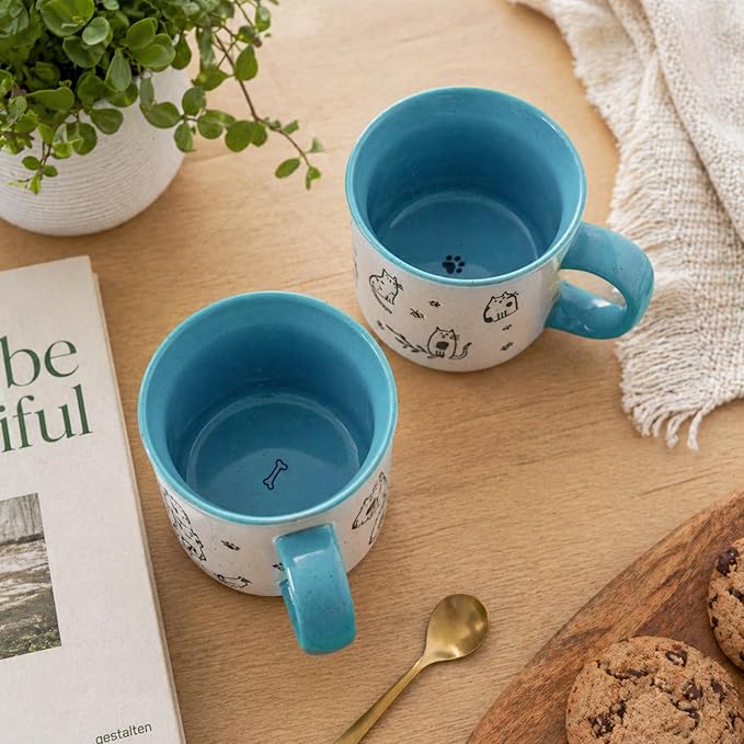 AmorArc 22 OZ Large Ceramic Coffee Mugs Set of 2, Oversized Mugs With Big Handle for Men Women Dad Mom, Big Mug With Textured Dogs Cats Patterns for Office & Home -Microwave Safe, 2 Pcs-Blue