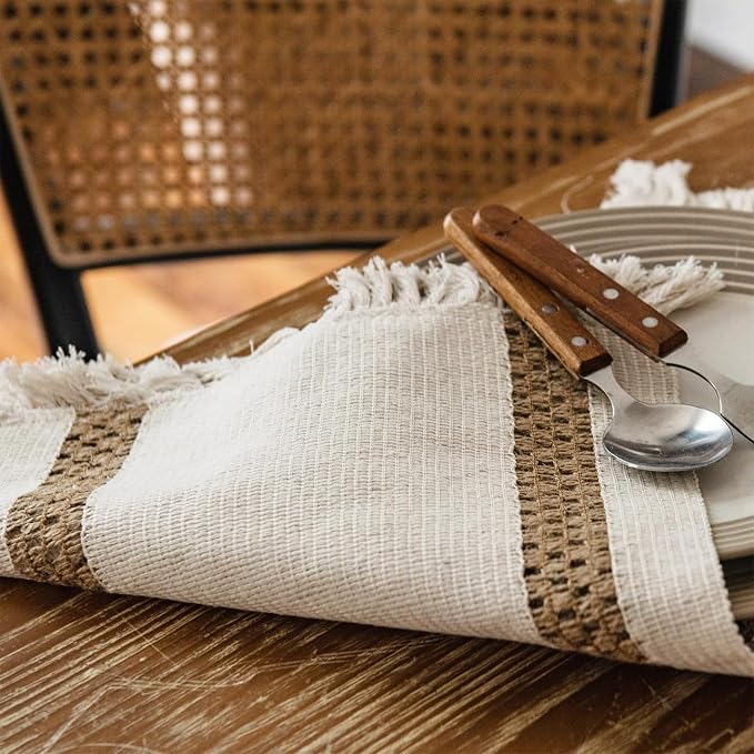 Niviy Boho Placemats Set of 8, 12x18 Inch Natural Cotton Burlap and Kitchen Woven Placemats with Tassels for Dining Table Centerpiece Thanksgiving Home Decorations