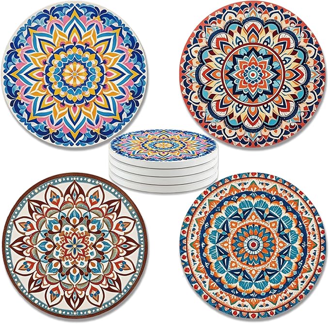 zcyhtqp, Funny Absorbent Round Ceramic Stone Coasters Set of 4 with Cork Base, Mandala Drink Coasters, Ceramic Boho Coasters, Gifts for Home, Kitchen, Bar, Office Table Décor