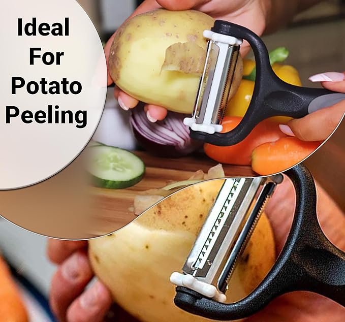 3-in-1 Vegetable Peeler & Julienne Peeler with 360° Rotating Stainless Steel Blades– Multifunction Julienne Cutter, Shredder & Slicer with Soft Handle-Fruits, Potato, Papaya Cucumber & Carrot Peeler