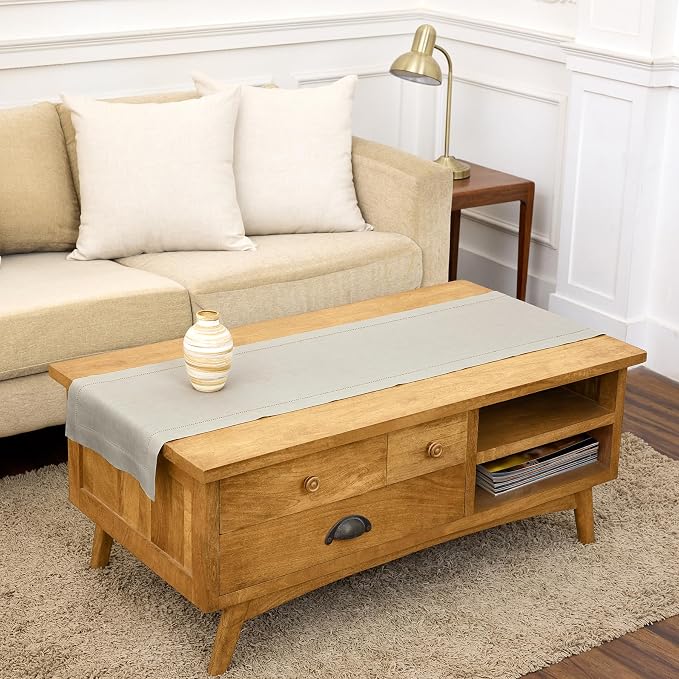 Solino Home Linen Light Natural Table Runner 60 Inches - Classic Hemstitch, 100% Pure Linen Coffee Table Runner 14 x 60 Inch Ideal for Dresser Tables - Summer