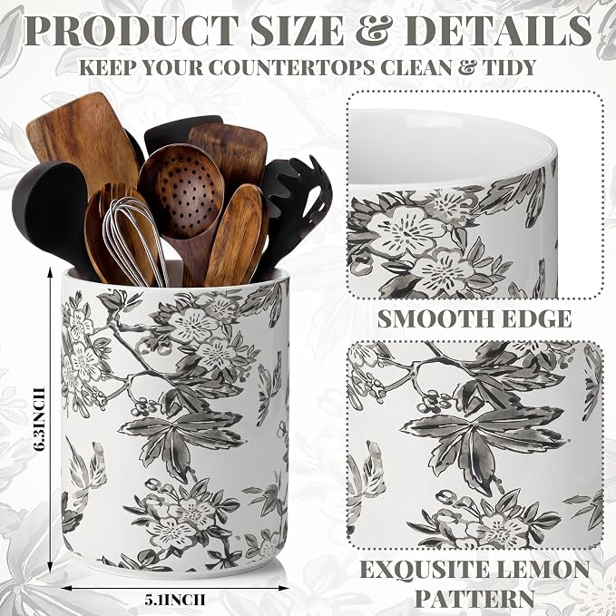Suclain Vintage Floral Ceramic Utensil Holder 6.3 Inch Rustic Kitchen Crock Country Chinoiserie Gray Floral Countertop Storage Organizer for Spatulas and Spoons Elegant Home Cooking Unique Gift Idea