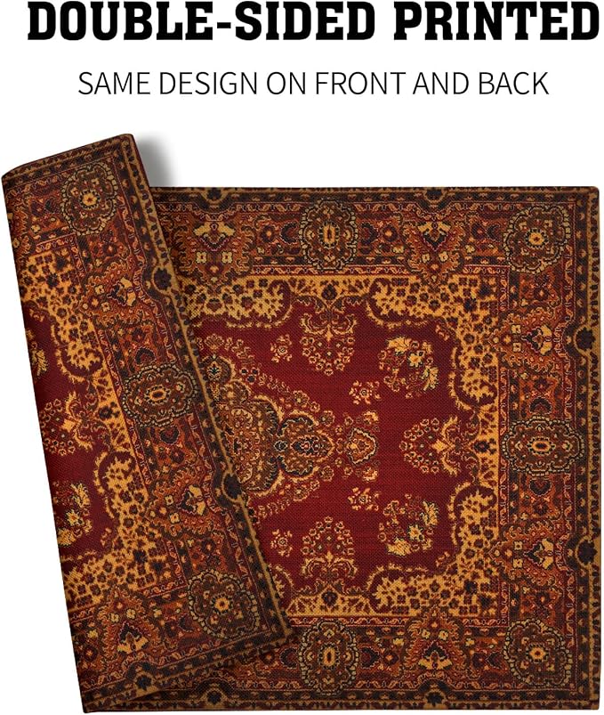 Red Gold Boho Placemats Set of 4 Bohemian Vintage Retro Rug Carpet Linen Washable Kitchen Dining Table Mats Stain Heat-Resistant Desktop Decor Place Mats for Home Party Indoor 12x18 in