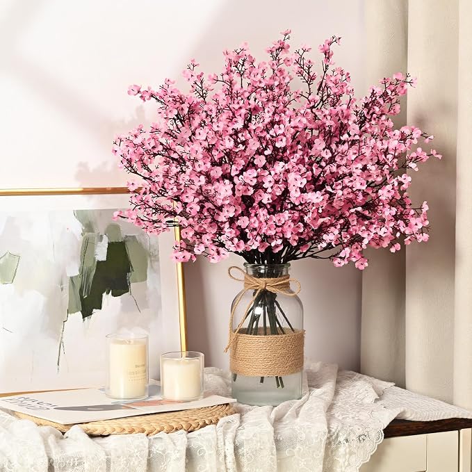 Waipfaru 15Pcs Fake Flowers Babys Breath Silk, Real Touch Pink Artificial Flowers Bulk with Bendable Stems, Pink Faux Flowers Babys Breath for Valentine's Day Spring Wedding Party Decor