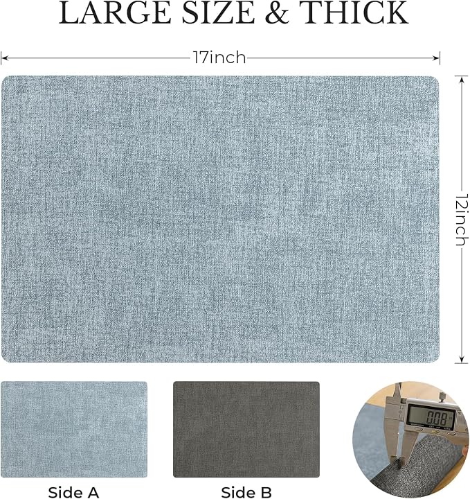 Romanstile Vinyl Placemats Set of 6, Reversible Faux Leather Heat Resistant Wipeable Table Mats, Waterproof Washable Non-Slip Table Placemats for Dining/Kitchen/Outdoor (Grey Sky Blue, 12" x 17")