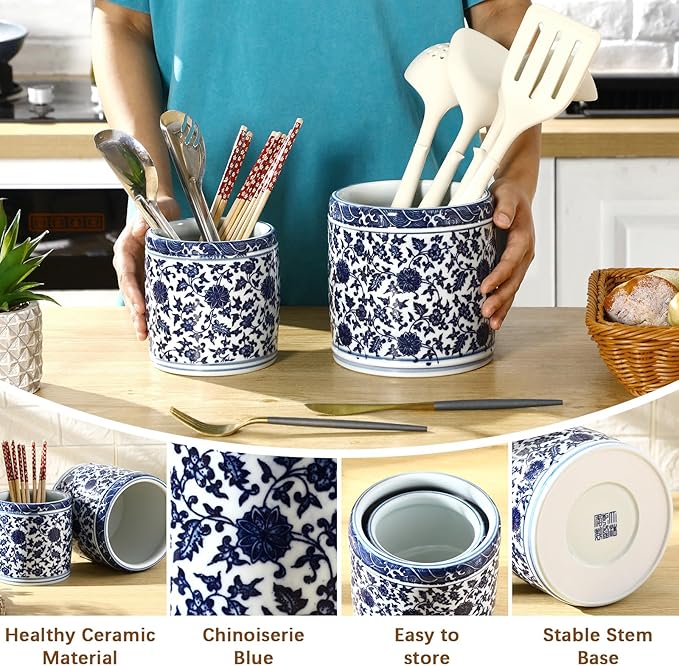 SiliFine 2 Pcs Blue and White Kitchen Utensil Holder 5"+6.1" Ceramic Kitchen Cooking Holder for Countertop Large Utensil Crock for Home Decor Parties Chinoiserie Blue