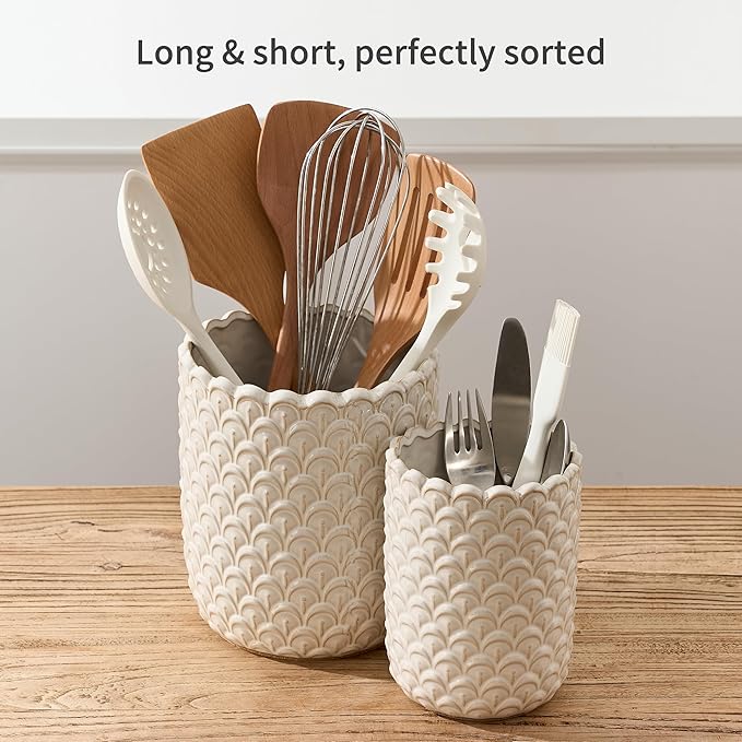JIEMEI HOME Kitchen Utensil Holder, Large 7.5"+6.2" Petal Ceramic Utensil Crock for Countertop, Utensil Holder with Cork Mat, Morden Utensil Organizer for Spatula, Kitchen Decor, Set of 2, Aged Ivory
