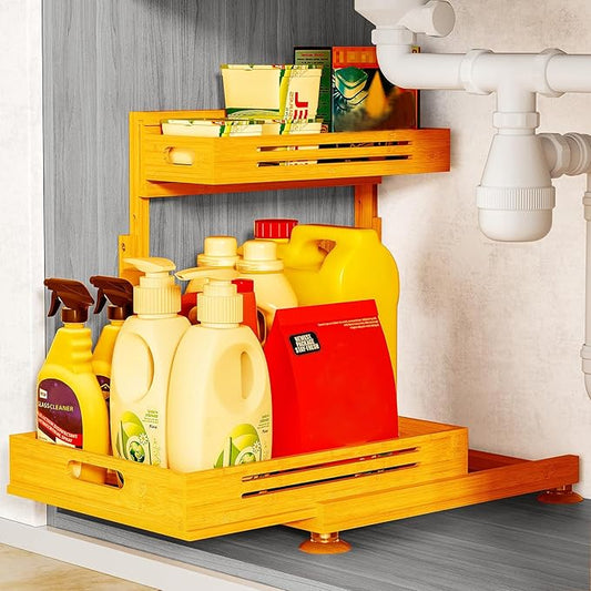 Under Sink Organizer, Premium Bamboo Wood Pull Out Cabinet Organizer, 2 Tier Slide Out Sink Shelf Cabinet Storage Shelves, Under Sink Storage for Kitchen Bathroom Cabinet