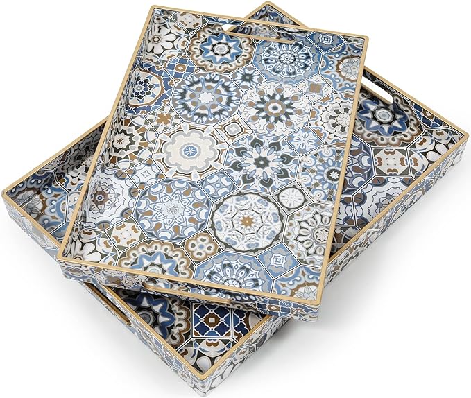 AGIOTA 2 Pcs Serving Tray with Handles Bohemian Decorative Tray Large Ottoman Trays for Living Room Blue Coffee Table Trays for Breakfast