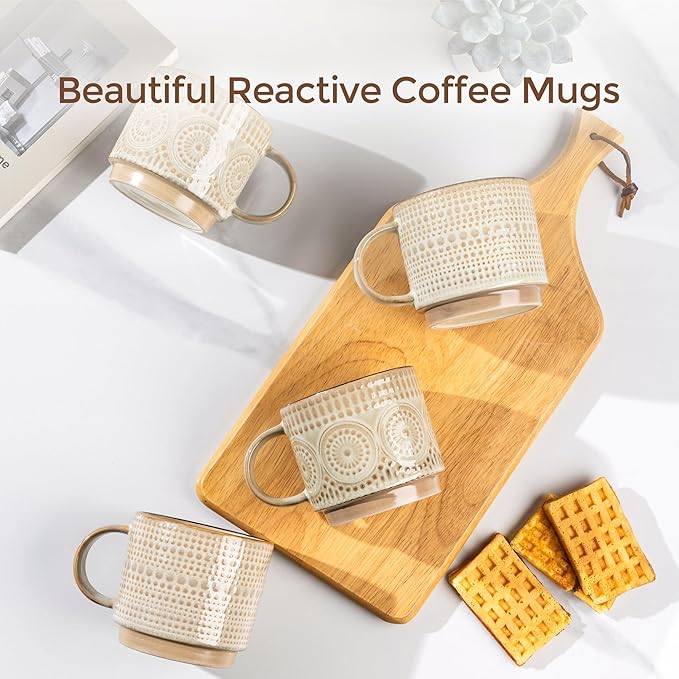GBhome 16OZ Stackable Coffee Mugs, Ceramic Coffee Mugs with Texture Patterns for Man,Woman,Dad,Mom, Modern Coffee Mugs Set of 4 for Latte/Cappuccino/Cocoa. Dishwasher&Microwave Safe