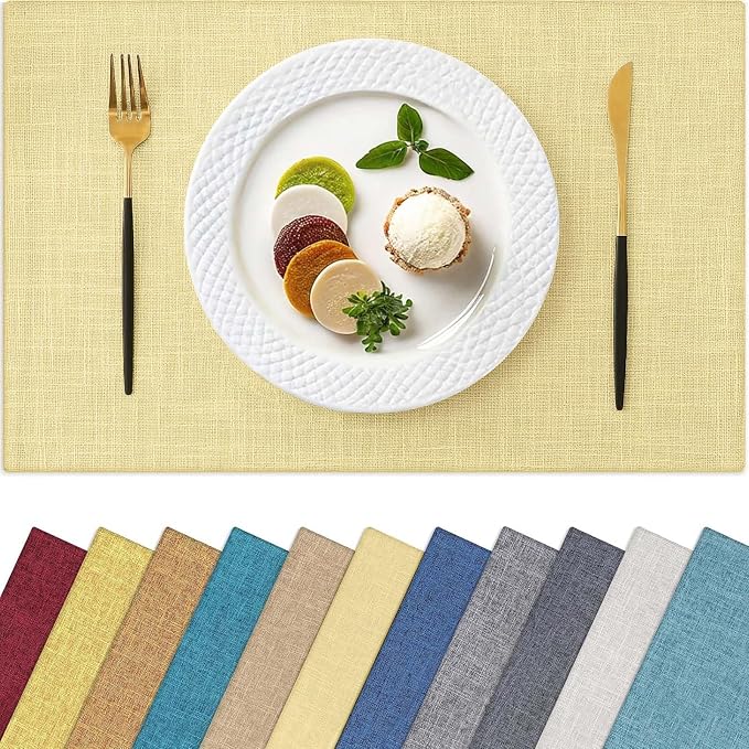 Homaxy Cloths Placemats for Dining Table Set of 4, Heat Resistant Washable Cotton Linen Blend Table Mats, Easy to Clean Place Mats for Indoor Outdoor Party Kitchen Decoration, 13" x 19", Lemon Yellow