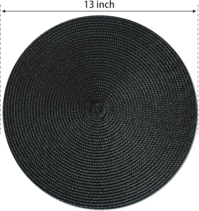 FunWheat Round Braided Placemats Set of 6 Place Mats for Dining Tables Woven Washable Non-Slip Table mats Small 13 inch(S Black, 6pcs)