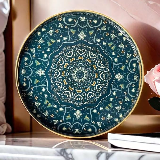Round Serving Tray with Handles - Large Round Ottoman Tray Coffee Table Tray,Plastic Decorative Serving Trays for Coffee Table,Round Boho Tray for Ottoman Living Room
