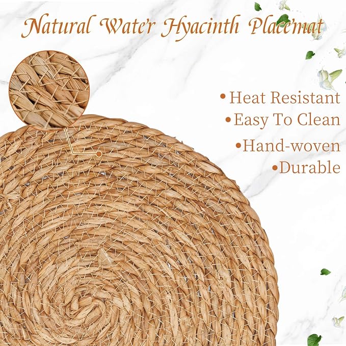 Round Woven Placemats Set of 4, 13.7 Inch Boho Farmhouse Rattan Placemats Rustic Braided Wicker Table Place Mats Chargers for Dinner Plates