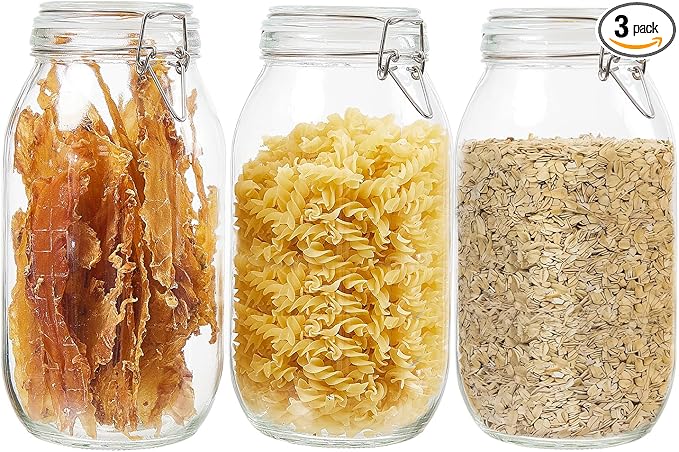 BJONKZ 3 Pack 68 oz Glass Jars with Airtight Lids – Food Storage Containers with Preserving Seal Wire Clip Fatening, Glass Canisters for Kitchen Canning Flour, Cereal, Sugar, Beans (68oz*3)