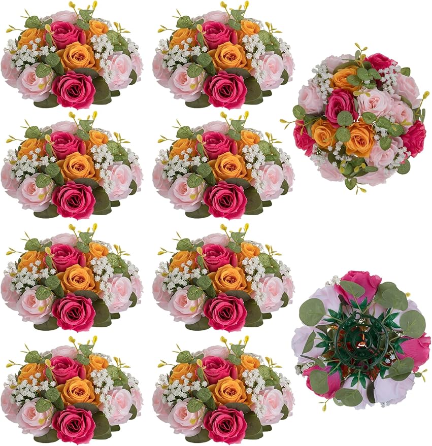 BLOSMON Wedding Flower Centerpieces for Tables: 10 Pcs Pink and Orange Party Decorations - Fake Rose Baby Breath Flowers Balls for Centerpieces - Artificial Silk Floral Arrangement
