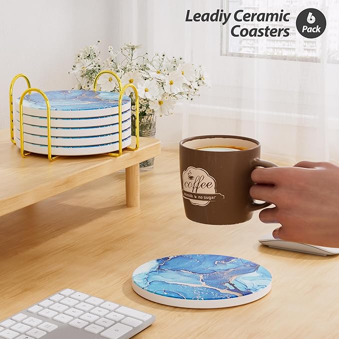 6Pcs/Set Marble Abstract Ceramic Coasters with Holder, Absorbent Drink Coasters, Coffee Cup Coaster,Round Ceramic Table Coasters Set Decorative