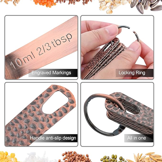 Measuring Spoons Set 7, Copper Plated Measuring Spoons Set for Baking & Kitchen, Metric &US Stainless Steel Measure Tools with Leveler for Dry & Liquid