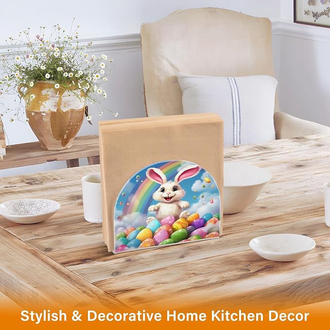 Qilmy Beautiful Rainbow Easter Bunny Napkin Holder for Tables –Napkin Holders for Kitchen, Table Napkin Holders, Cocktail Napkin Holder,Paper Napkins Holder