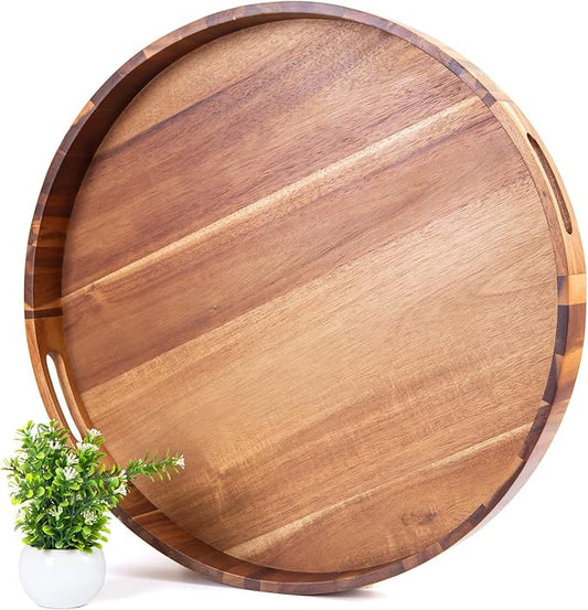 Extra Large Round Ottoman Coffee Table Tray, 22" Big Kitchen Serving Trays for Huge Ottoman Counter Giant Decorative Organizer, Huge Wood Serveware Tray with Built-in Handle for Big Job