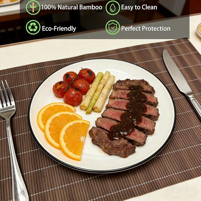 8-Pack Natural Bamboo Placemats Set - Reusable Rectangular Heat Resistant Table Mats for Everyday Use, Camping, Picnics, Party Decor - Easy to Clean & Store, Lightweight (Coffee)