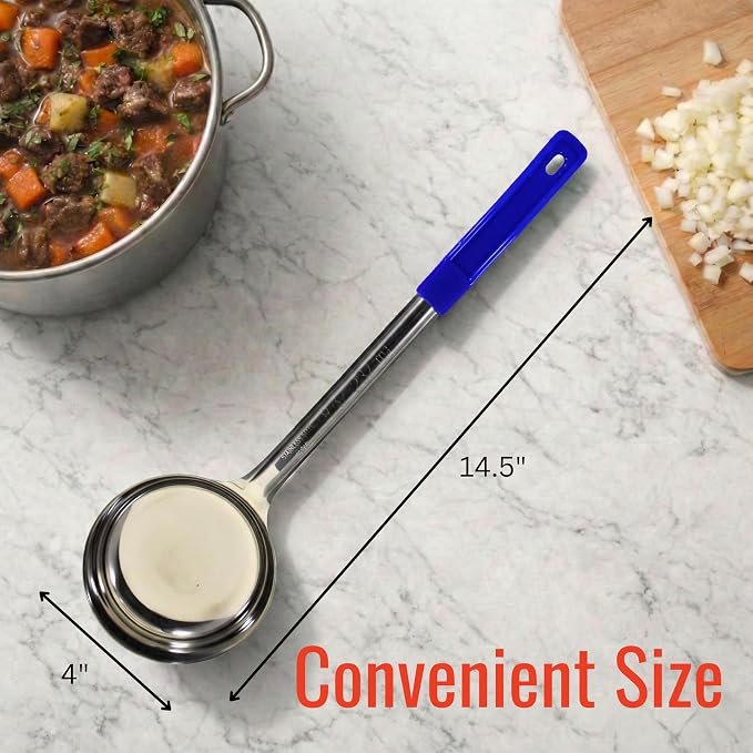 8 oz Solid Stainless Steel Portion Control Ladle Spoon | Commercial-Grade Spoodle for Portioning & Serving - Soups, Sauces & Buffet Service. Color-Coded by Size. Dishwasher Safe.