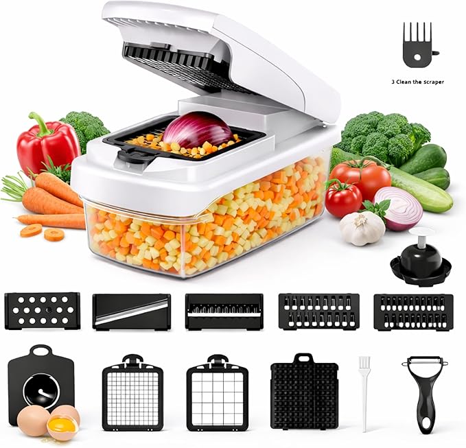 12-in-1 Vegetable Chopper with Container – Mandoline Slicer, Onion Chopper, Food Chopper, Cheese Grater & French Fry Cutter – Multifunctional Kitchen Gadget with 8 Blades, Egg Separator & Peeler