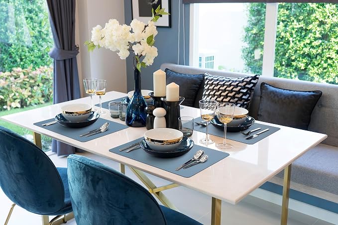More Décor Faux Leather Placemats Set of 4 for Dining Table – Waterproof, Wipeable, Washable, Stain & Heat Resistant, Non-Slip Table Mats – 12 X 17 Inch, (Solid Blue, 4)