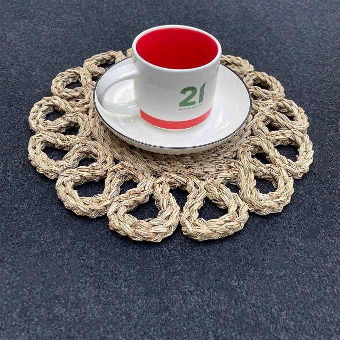Laquedecraft 13.8" Set of 4 Round Seagrass Placemats | Boho Woven Rattan Table Mats | Farmhouse Wicker Spring Plate Chargers Like Water Hyacinth, Seagrass for Wedding, Party, Christmas, Events