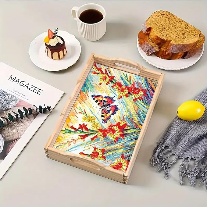 DIY Diamond Serving Tray Rectangular Wooden Breakfast Tray with Handle Handmade Diamond Art Painting Spring Creative Dinner Plate Coffee Room Living Home Organizer-Butterfly