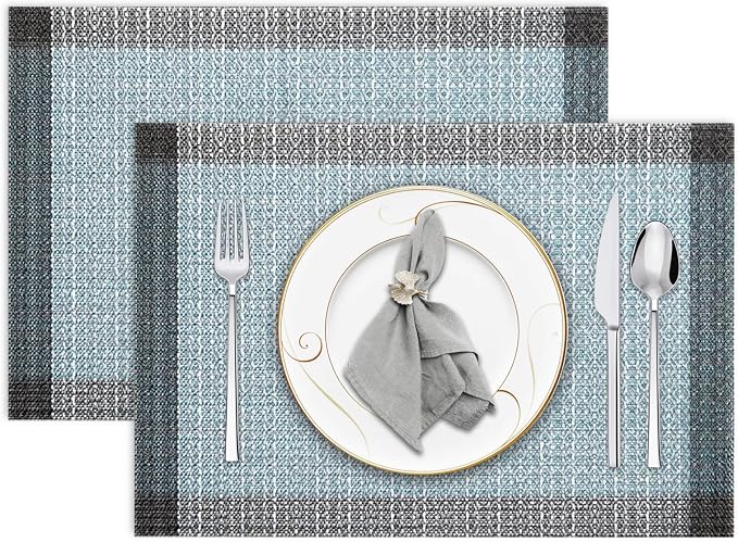 Niviy Blue Grey Ethnic Boho Placemats Set of 2, 12x18 Inch Linen Burlap Washable Durable Art Table Mats for Holiday Party Kitchen Dining Room Decoration