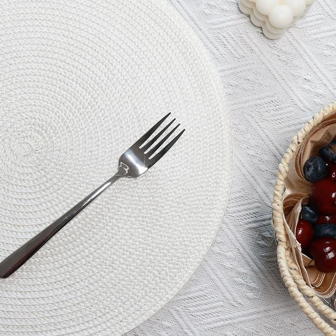 Winknowl 15 Inch Round Braided Placemats Set of 4, Washable Cotton Polyester Table Mats, Heat Resistant Non-Slip Place Mats for Kitchen Dining Table Decor (White,4pcs)