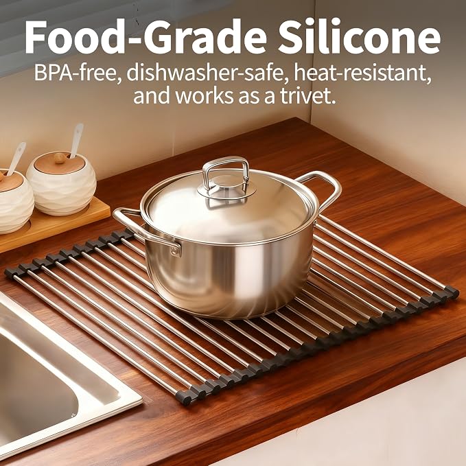 Roll Up Dish Drying Rack for Over Sink -17.5"x11.8" Foldable Stainless Steel Kitchen Drainer, Black