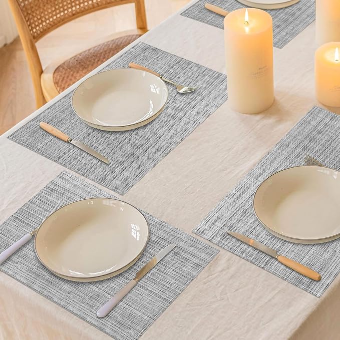 Niviy Grey Placemats Set of 4, 12x18 Inch Washable Easy to Clean Heat-Resistant Anti-Skid Grey Placemats for Holiday Party Kitchen Dining Room Decoration