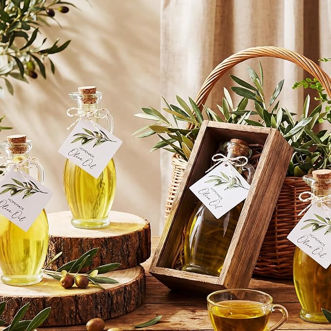 Vesici 20 Set Olive Oil Bottle with Stopper Mini Glass Oil Cruet Dispenser with Label Vinegar Bottle with Spout for Kitchen Salad Dressing Syrup Container for Wedding Baby Shower Favors(8.5 oz 1)