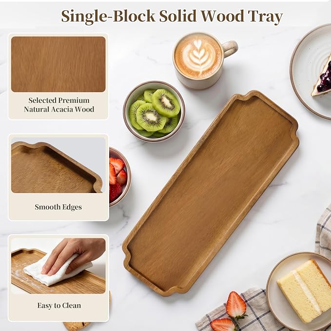 Small Wooden Tray | Acacia Wood Tray for Vanity, Bathroom Counter, Coffee Table & Toilet | Perfect for Remote, Snack & Catch All | Mini Charcuterie Board Serving Platter (Scalloped Rectangular)