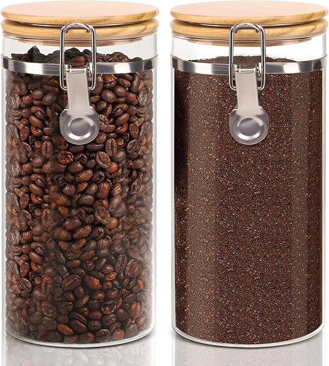 Glass Storage Jars Set Elegant Containers with Airtight Bamboo Lids, Perfect for Kitchen Organization - Flour, Rice, Pasta, Sugar, Coffee Beans, Accessories Included (Coffee Jar x 2)