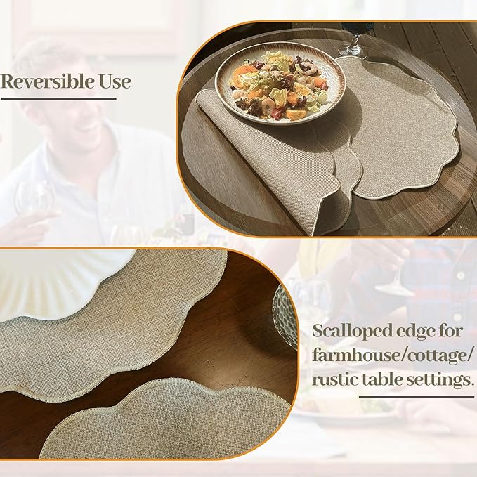 AHHFSMEI Round Faux Linen Placemats Set of 6 Heat Resistant Non-Slip Stain Proof Table Mats for Kitchen Dining Elegant Decor Place Mats (Linen Beige,6)