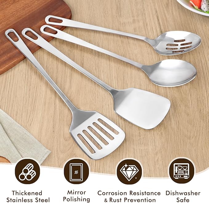 4 Pcs Cooking Utensils Set, Stainless Steel Kitchen Utensils, Heat Resistant Metal Kitchen Tools Include Slotted Turner Wok Spatula, Solid & Slotted Serving Spoon, Ladle, Easy to Clean, Silver