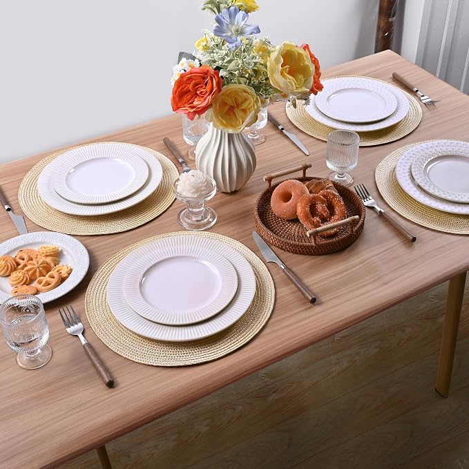 Feuille Round Braided Placemats Set of 6 Place Mats for Dining Table Woven Washable Non-Slip Table Mats 13.5 Inch Beige 6pcs