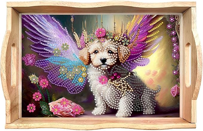 DIY Diamond Serving Tray Diamond Art Painting Creative Design Handmade Wooden Tray Dinner Plate for Coffee Breakfast Home Organizer-Dog