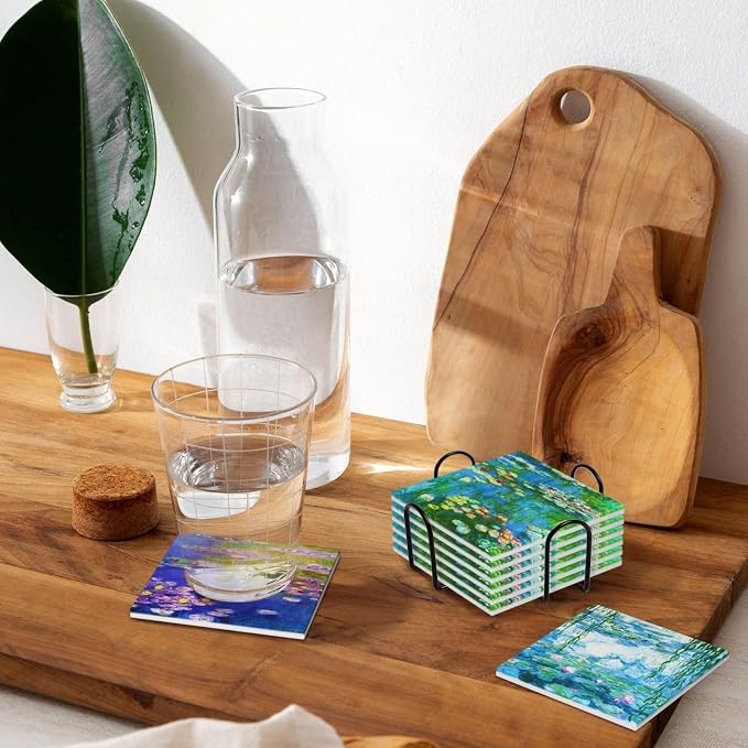 Drinks Absorbent Coasters with Holder Set of 6, Coffee Table Decor, Ceramic Stone Coaster with Cork Base Tabletop Protection Mat for Mugs and Cups,Office,Kitchen (Monet Water Lilies 2)