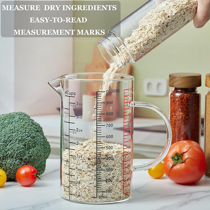 Ackers BORO3.3 Glass Measuring Cup-[Insulated handle | V-Shaped Spout]-Made of High Borosilicate Glass Measuring Cup for Kitchen or Restaurant, Easy to Read, 1000 ML (32 Oz, 4 Cup)