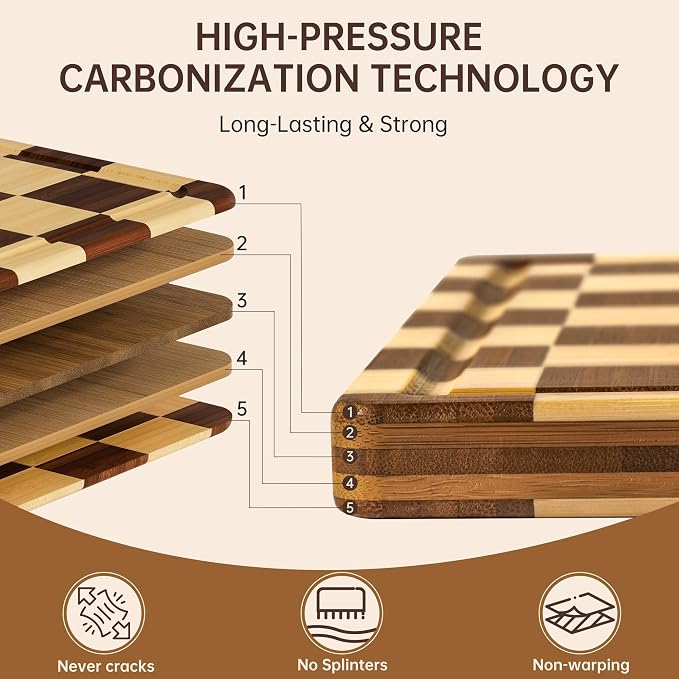 THETCHRY Bamboo Cutting Board Set, Checkered Wood Cutting Boards for Kitchen with Juice Groove, Non Toxic Wooden Charcuterie Boards, Non Slip Chopping Board for Meat Fruit Cheese, Housewarming Gift