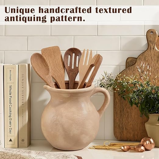 Potchen Rustic Kitchen Utensil Holder with Handle,7.48" H Ceramic Vintage Utensil Crock for Countertop, Farmhouse Kitchen Decoration Ceramic Pot for Spatulas Spoons Tongs(Classic,Antique Beige)