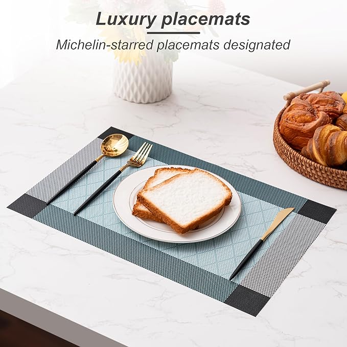 CADONO Placemats Set of 6 Washable Indoor/Outdoor Vinyl Place Mats for Dining Table Durable Non-Slip Heat Resistant PVC Weave Table Mats（Rhombus-Lake Blue）