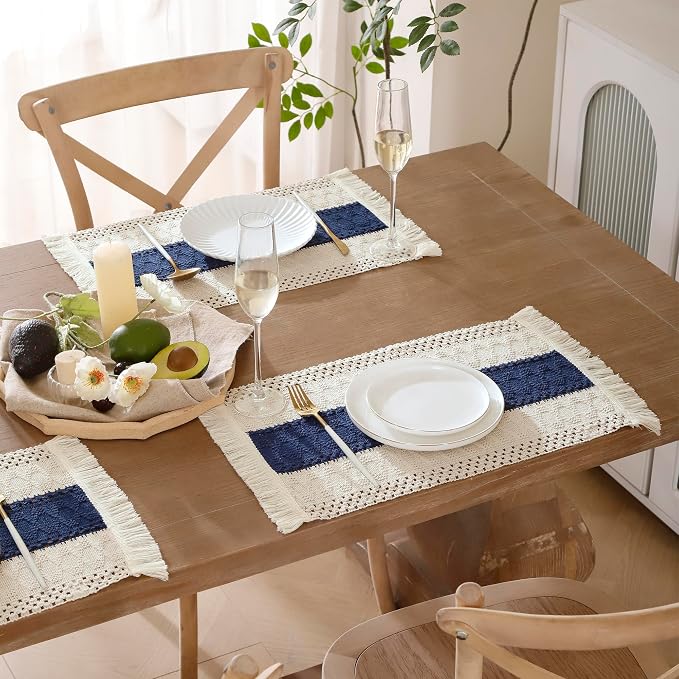 Boho Placemats Set of 6 Macrame Table Decor with Fringe Farmhouse Woven Placemats in Natural Burlap for Kitchen and Dining Table Centerpiece Home Decorations, Navy Blue