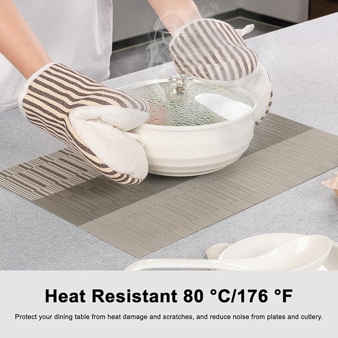 Placemats Set of 6, Vinyl Woven Place Mats Indoor Set of 6 Washable Wipeable PVC Table Mats Heat-Resistant Non Slip Placemat for Kitchen Dining Outdoor Table (Gray Dark Gray, Set of 6)