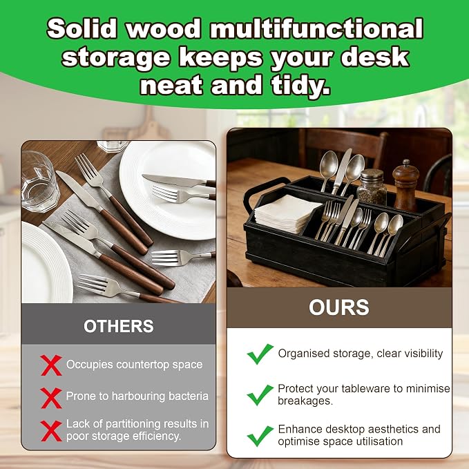 Large Kitchen Utensil Holder Caddy, 6 Compartments Wooden Utensils Organizer for Cooking Utensils, Silverware, Paper Plate, Spoon, Fork, Cutlery Storage on Kitchen Countertop for Party Hosting-Black