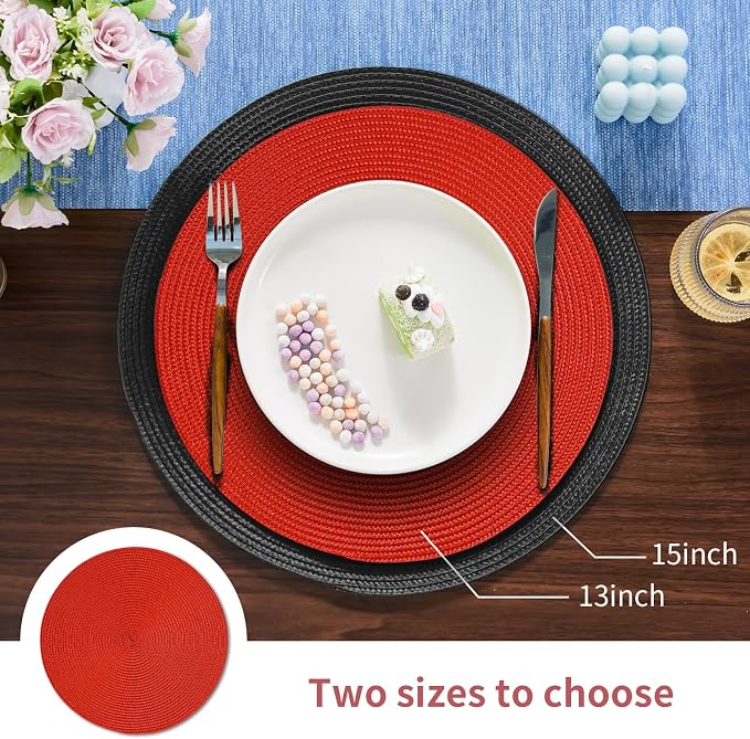FunWheat Round Braided Placemats Set of 4 Place Mats for Dining Tables Woven Washable Non-Slip Table mats Small 13 inch(S Red, 4pcs)